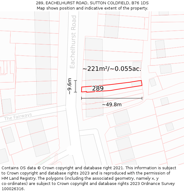 289, EACHELHURST ROAD, SUTTON COLDFIELD, B76 1DS: Plot and title map