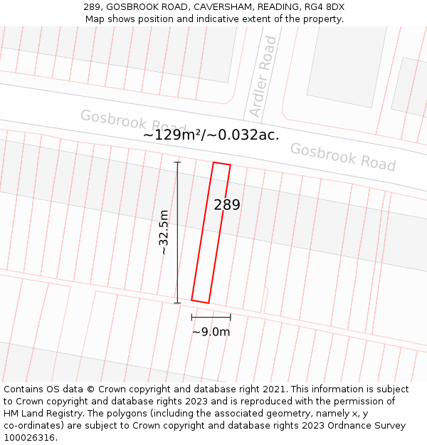 289, GOSBROOK ROAD, CAVERSHAM, READING, RG4 8DX: Plot and title map