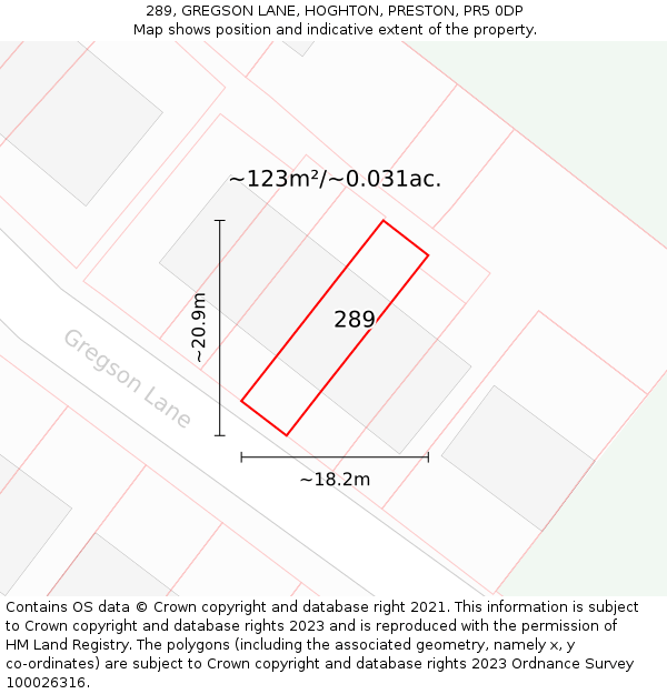 289, GREGSON LANE, HOGHTON, PRESTON, PR5 0DP: Plot and title map