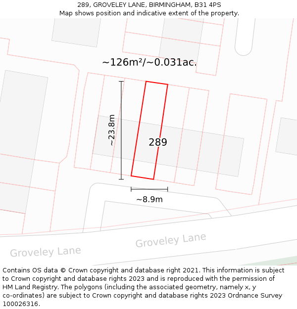 289, GROVELEY LANE, BIRMINGHAM, B31 4PS: Plot and title map
