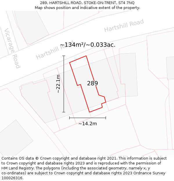 289, HARTSHILL ROAD, STOKE-ON-TRENT, ST4 7NQ: Plot and title map