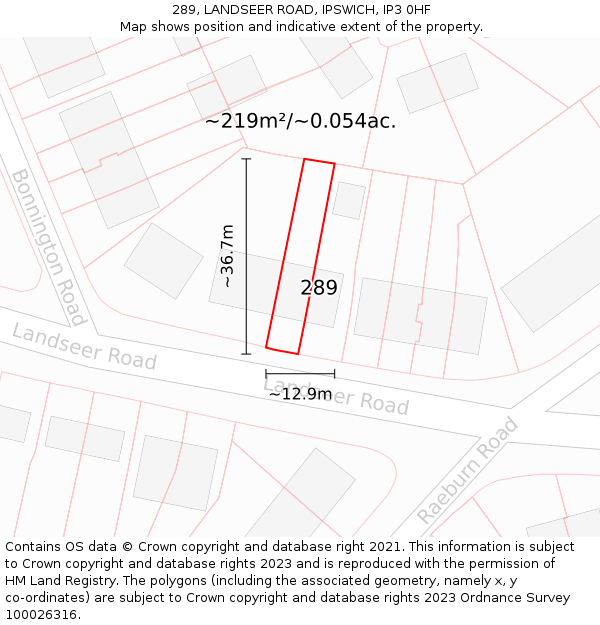 289, LANDSEER ROAD, IPSWICH, IP3 0HF: Plot and title map