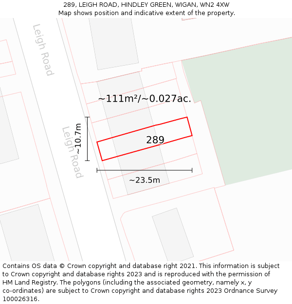 289, LEIGH ROAD, HINDLEY GREEN, WIGAN, WN2 4XW: Plot and title map