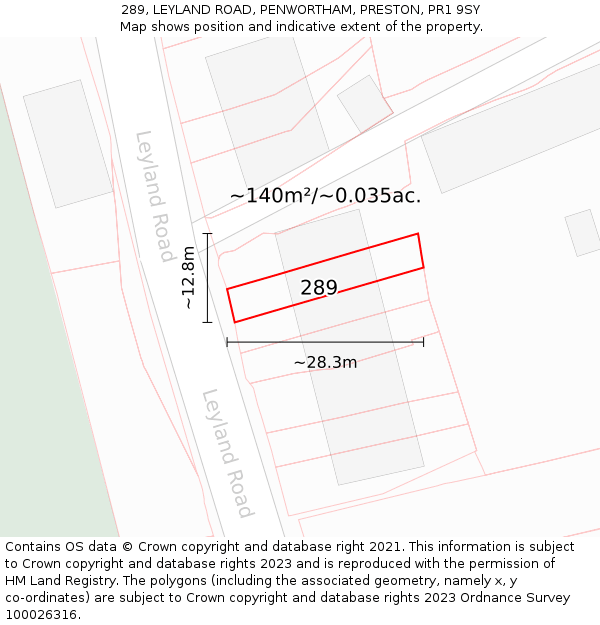 289, LEYLAND ROAD, PENWORTHAM, PRESTON, PR1 9SY: Plot and title map