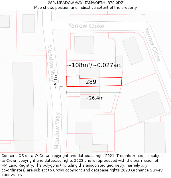 289, MEADOW WAY, TAMWORTH, B79 0DZ: Plot and title map