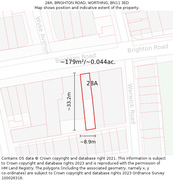 28A, BRIGHTON ROAD, WORTHING, BN11 3ED: Plot and title map
