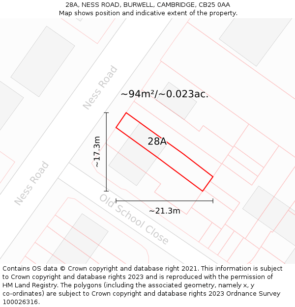 28A, NESS ROAD, BURWELL, CAMBRIDGE, CB25 0AA: Plot and title map