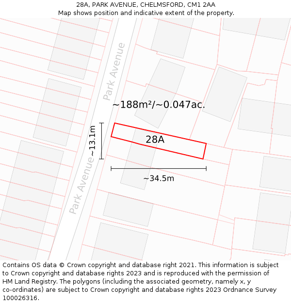28A, PARK AVENUE, CHELMSFORD, CM1 2AA: Plot and title map