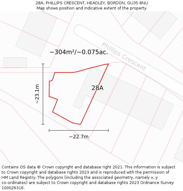 28A, PHILLIPS CRESCENT, HEADLEY, BORDON, GU35 8NU: Plot and title map