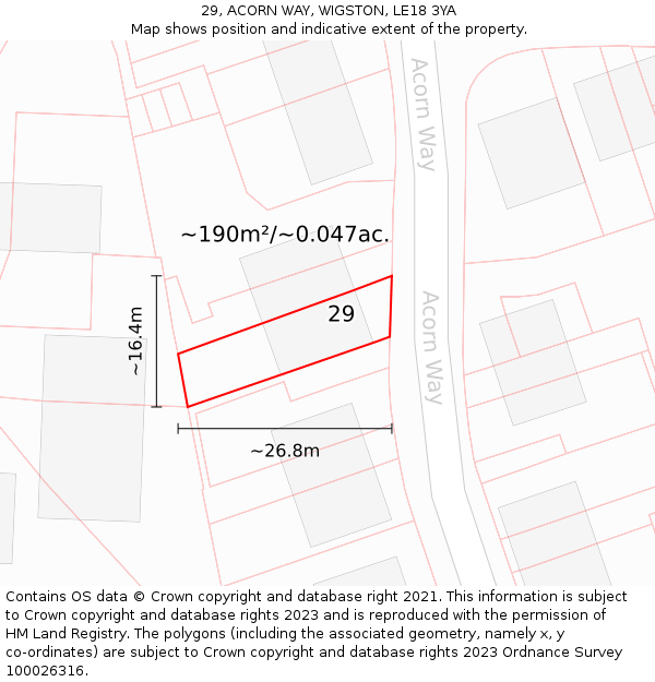 29, ACORN WAY, WIGSTON, LE18 3YA: Plot and title map