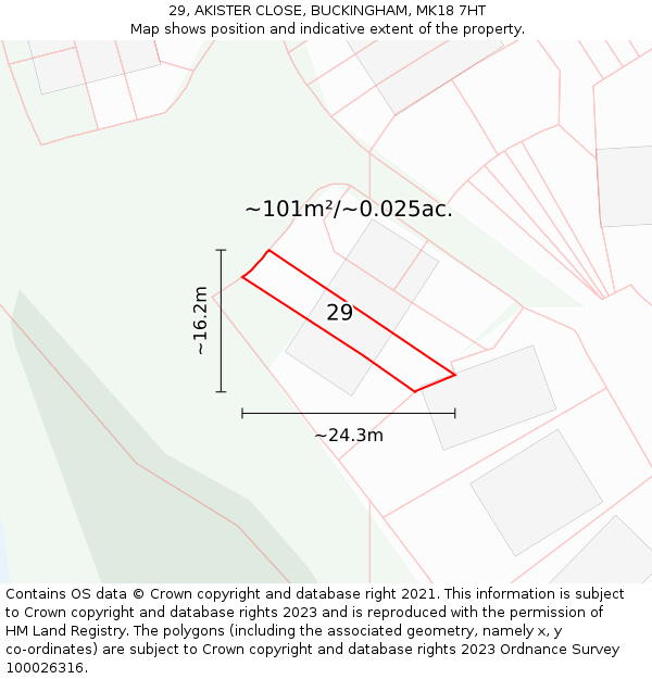 29, AKISTER CLOSE, BUCKINGHAM, MK18 7HT: Plot and title map