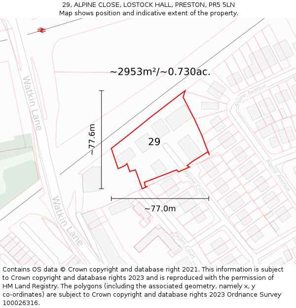 29, ALPINE CLOSE, LOSTOCK HALL, PRESTON, PR5 5LN: Plot and title map