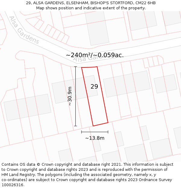 29, ALSA GARDENS, ELSENHAM, BISHOP'S STORTFORD, CM22 6HB: Plot and title map