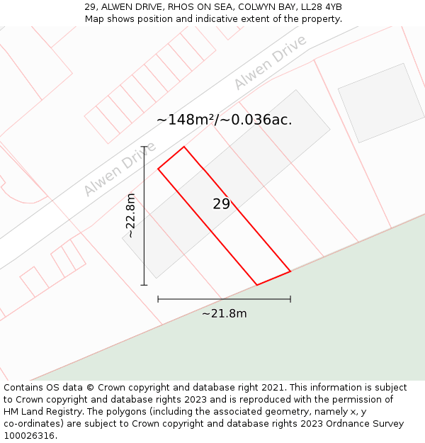 29, ALWEN DRIVE, RHOS ON SEA, COLWYN BAY, LL28 4YB: Plot and title map
