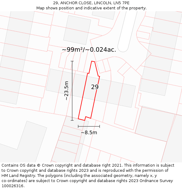 29, ANCHOR CLOSE, LINCOLN, LN5 7PE: Plot and title map