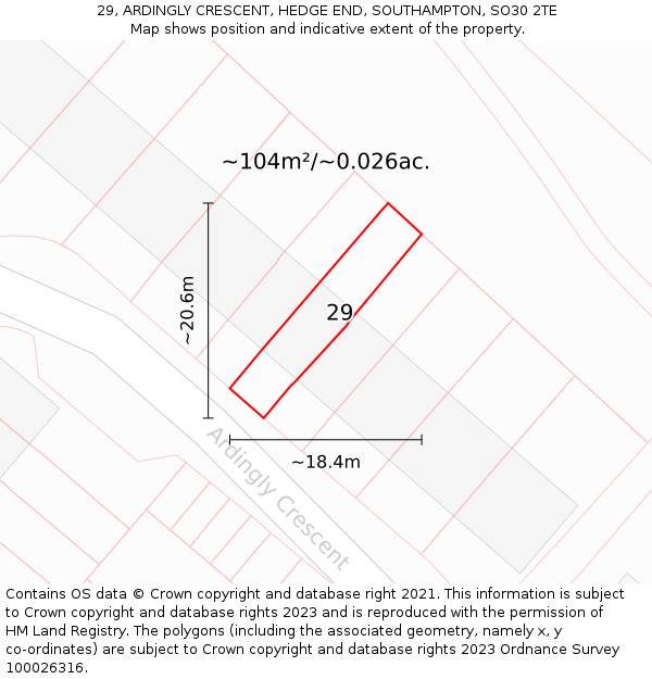 29, ARDINGLY CRESCENT, HEDGE END, SOUTHAMPTON, SO30 2TE: Plot and title map