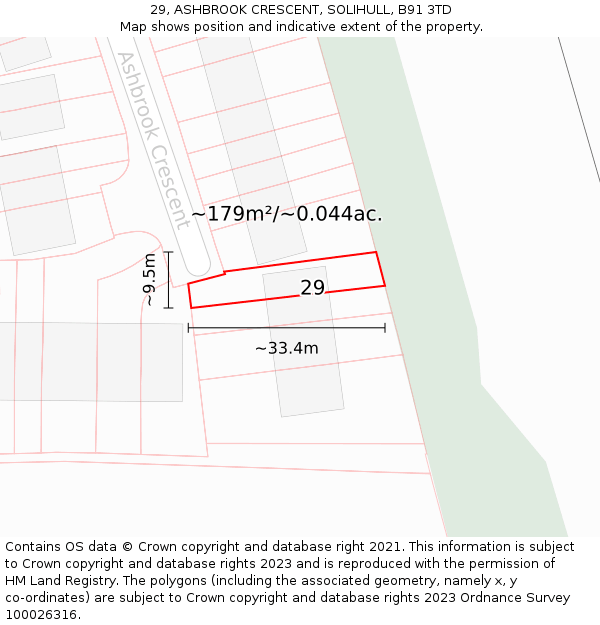 29, ASHBROOK CRESCENT, SOLIHULL, B91 3TD: Plot and title map