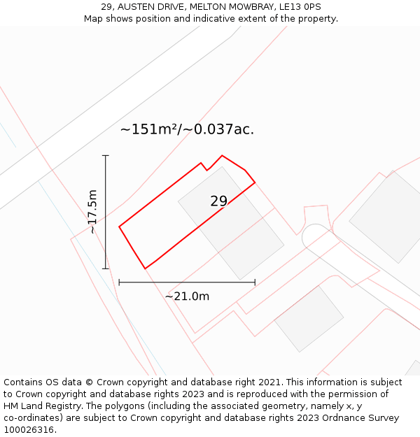 29, AUSTEN DRIVE, MELTON MOWBRAY, LE13 0PS: Plot and title map