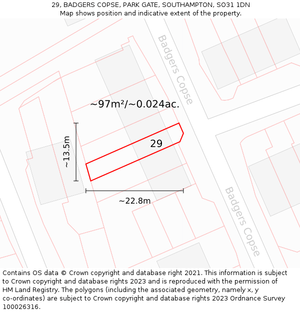 29, BADGERS COPSE, PARK GATE, SOUTHAMPTON, SO31 1DN: Plot and title map