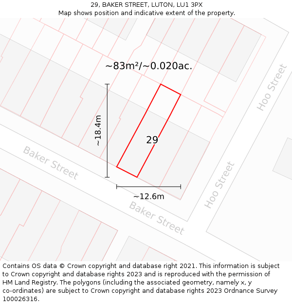 29, BAKER STREET, LUTON, LU1 3PX: Plot and title map