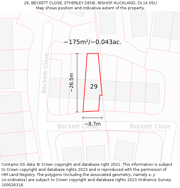 29, BECKETT CLOSE, ETHERLEY DENE, BISHOP AUCKLAND, DL14 0SU: Plot and title map