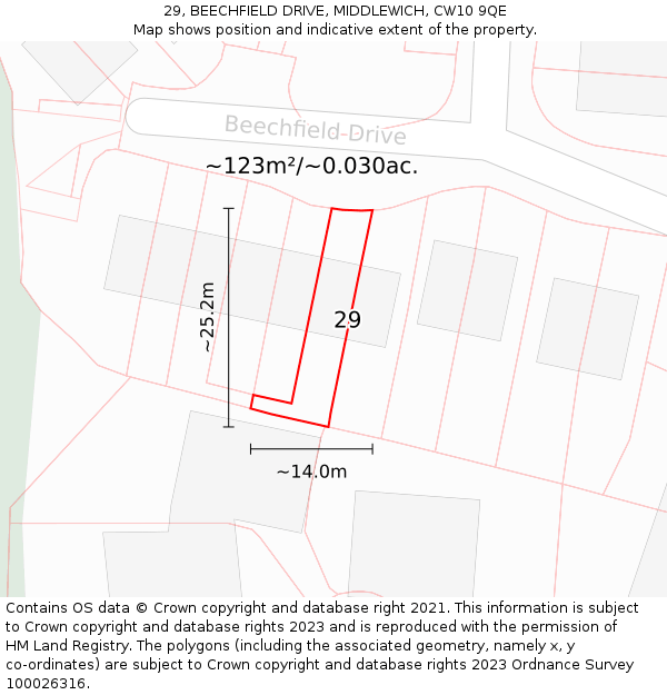 29, BEECHFIELD DRIVE, MIDDLEWICH, CW10 9QE: Plot and title map