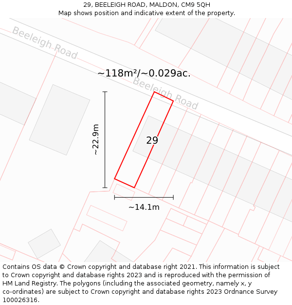 29, BEELEIGH ROAD, MALDON, CM9 5QH: Plot and title map