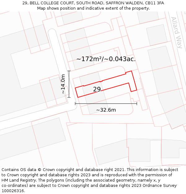 29, BELL COLLEGE COURT, SOUTH ROAD, SAFFRON WALDEN, CB11 3FA: Plot and title map
