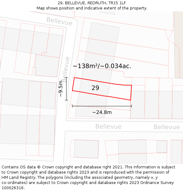 29, BELLEVUE, REDRUTH, TR15 1LF: Plot and title map