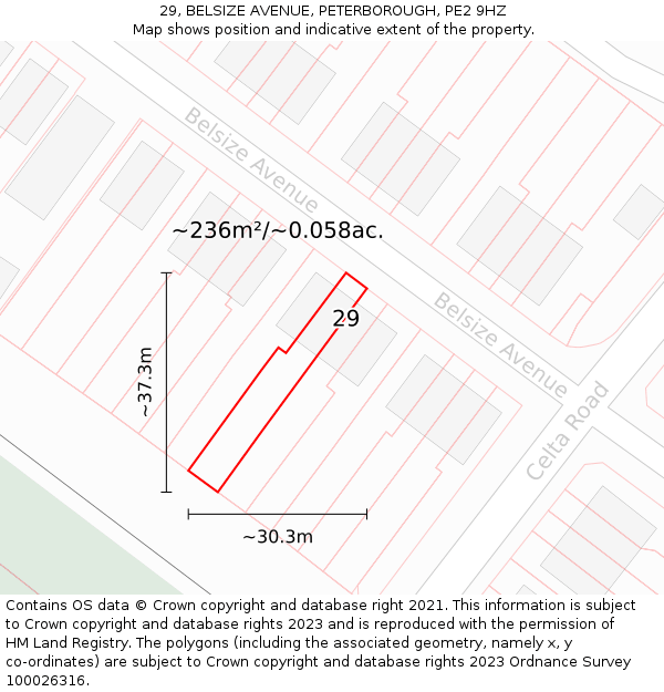 29, BELSIZE AVENUE, PETERBOROUGH, PE2 9HZ: Plot and title map