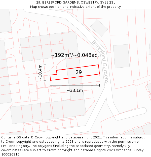 29, BERESFORD GARDENS, OSWESTRY, SY11 2SL: Plot and title map