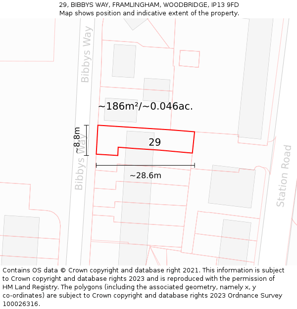 29, BIBBYS WAY, FRAMLINGHAM, WOODBRIDGE, IP13 9FD: Plot and title map