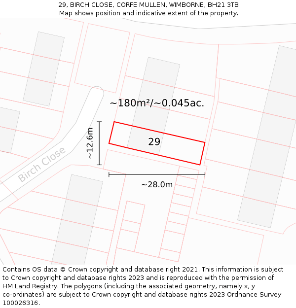 29, BIRCH CLOSE, CORFE MULLEN, WIMBORNE, BH21 3TB: Plot and title map
