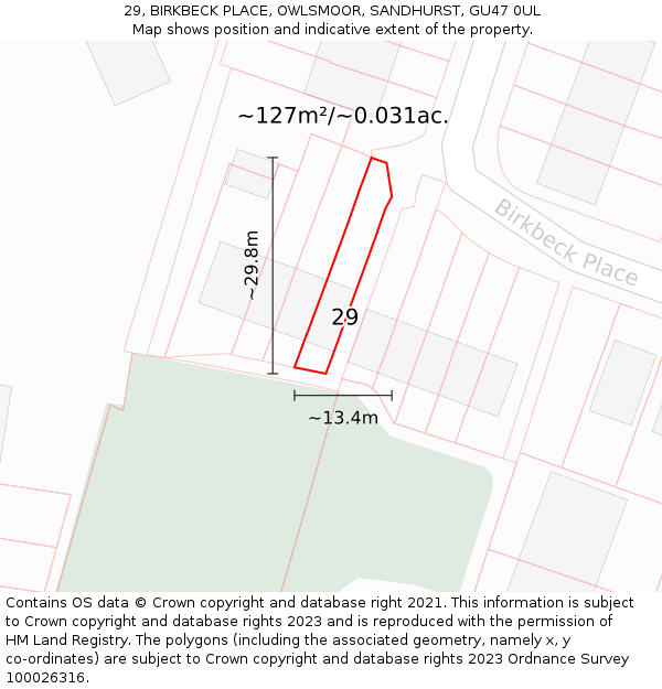 29, BIRKBECK PLACE, OWLSMOOR, SANDHURST, GU47 0UL: Plot and title map