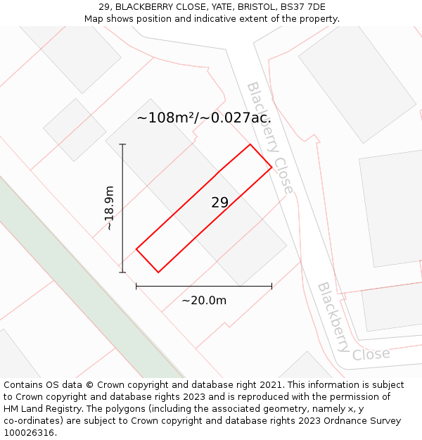 29, BLACKBERRY CLOSE, YATE, BRISTOL, BS37 7DE: Plot and title map