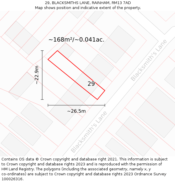 29, BLACKSMITHS LANE, RAINHAM, RM13 7AD: Plot and title map