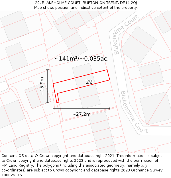 29, BLAKEHOLME COURT, BURTON-ON-TRENT, DE14 2QJ: Plot and title map