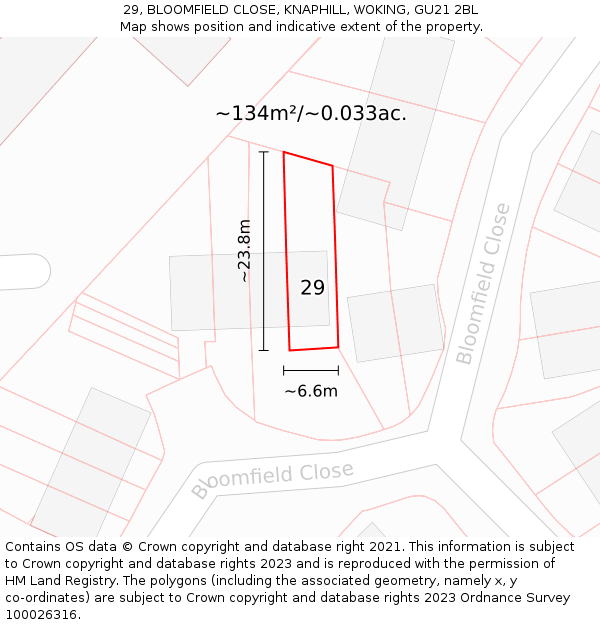 29, BLOOMFIELD CLOSE, KNAPHILL, WOKING, GU21 2BL: Plot and title map