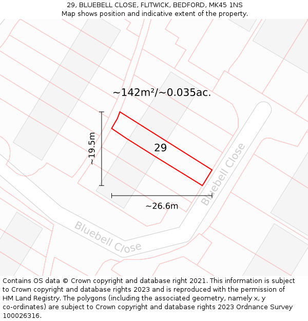 29, BLUEBELL CLOSE, FLITWICK, BEDFORD, MK45 1NS: Plot and title map