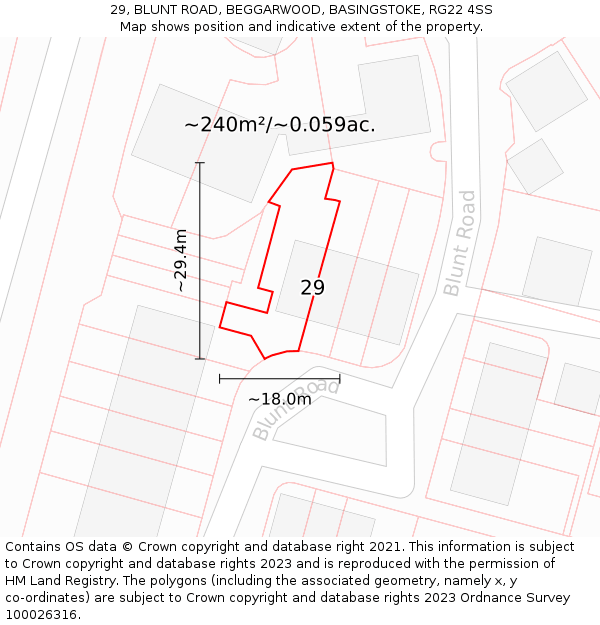 29, BLUNT ROAD, BEGGARWOOD, BASINGSTOKE, RG22 4SS: Plot and title map