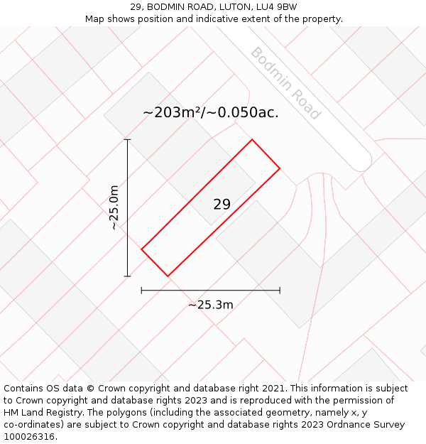 29, BODMIN ROAD, LUTON, LU4 9BW: Plot and title map