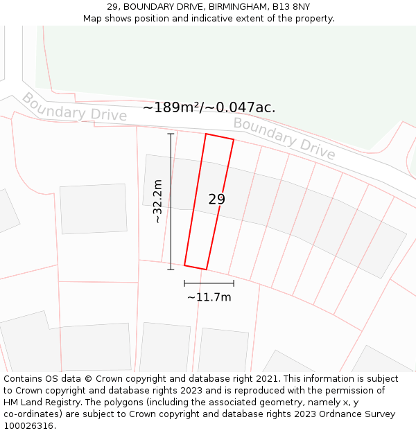 29, BOUNDARY DRIVE, BIRMINGHAM, B13 8NY: Plot and title map