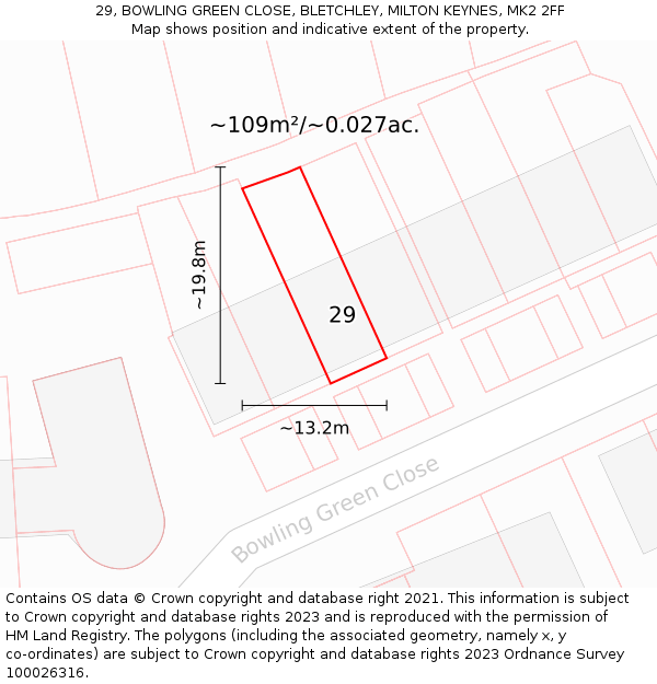 29, BOWLING GREEN CLOSE, BLETCHLEY, MILTON KEYNES, MK2 2FF: Plot and title map