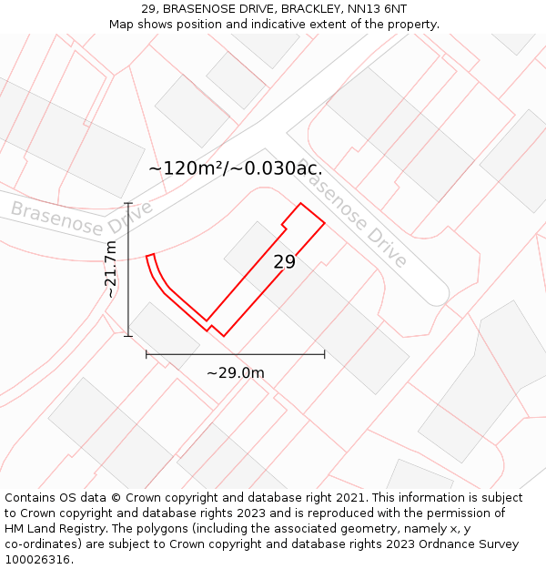 29, BRASENOSE DRIVE, BRACKLEY, NN13 6NT: Plot and title map