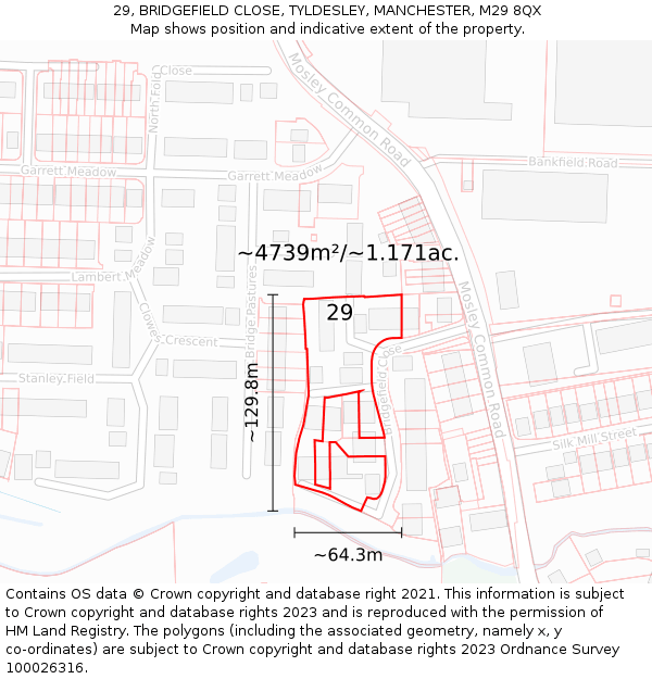 29, BRIDGEFIELD CLOSE, TYLDESLEY, MANCHESTER, M29 8QX: Plot and title map