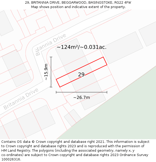 29, BRITANNIA DRIVE, BEGGARWOOD, BASINGSTOKE, RG22 4FW: Plot and title map