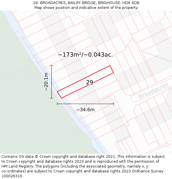 29, BROADACRES, BAILIFF BRIDGE, BRIGHOUSE, HD6 4DB: Plot and title map