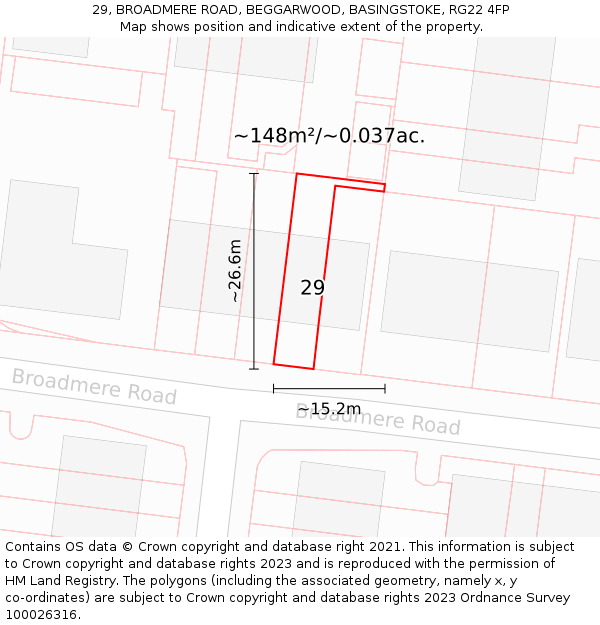 29, BROADMERE ROAD, BEGGARWOOD, BASINGSTOKE, RG22 4FP: Plot and title map