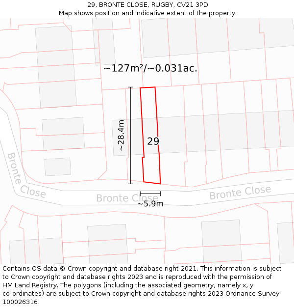 29, BRONTE CLOSE, RUGBY, CV21 3PD: Plot and title map