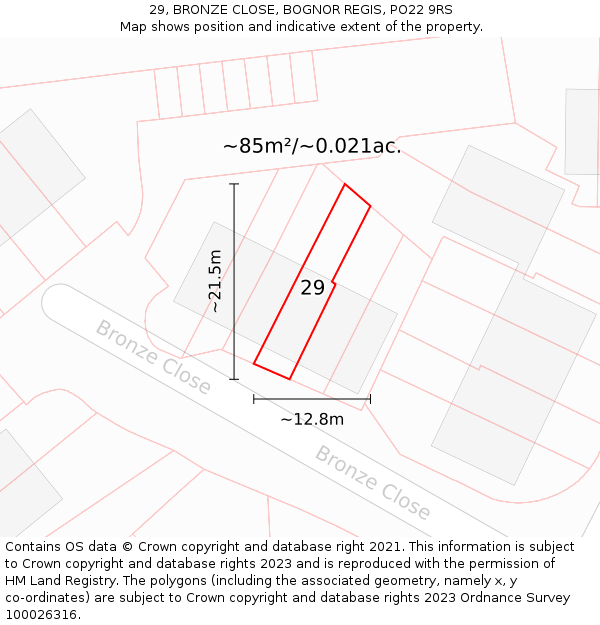 29, BRONZE CLOSE, BOGNOR REGIS, PO22 9RS: Plot and title map